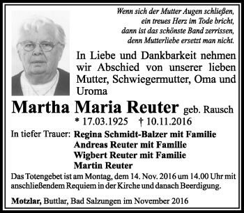 Traueranzeige von Martha Maria Reuter von Südthüringer Presse