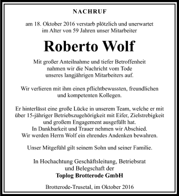 Traueranzeige von Roberto Wolf von Südthüringer Presse