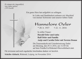 Traueranzeige von Hannelore Oeler von Südthüringer Presse