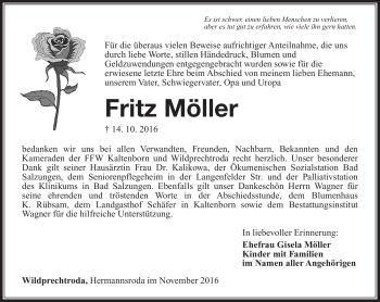 Traueranzeige von Fritz Möller von Südthüringer Presse