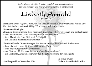 Traueranzeige von Lisbeth Arnold von Südthüringer Presse