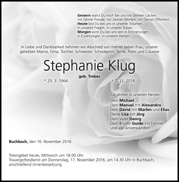 Traueranzeige von Stephanie Klug von Neue Presse Coburg