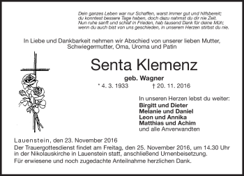Traueranzeige von Senta Klemenz von Neue Presse Coburg