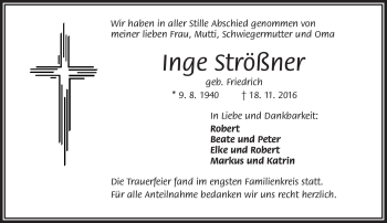 Traueranzeige von Inge Strößner von Frankenpost