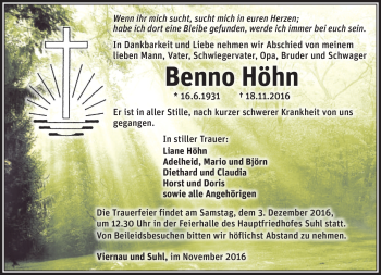 Traueranzeige von Benno Höhn von Südthüringer Presse
