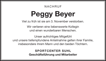 Traueranzeige von Peggy Beyer von Südthüringer Presse