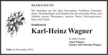 Traueranzeige von Karl-Heinz Wagner von Südthüringer Presse