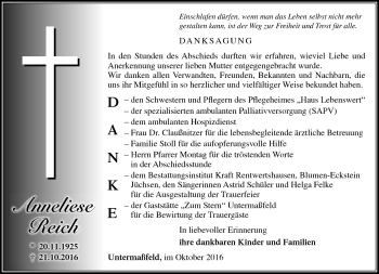 Traueranzeige von Anneliese Reich von Südthüringer Presse