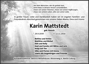 Traueranzeige von Karin Mattstedt von Neue Presse Coburg