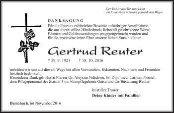 Traueranzeige von Gertrud Reuter von Südthüringer Presse