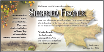 Traueranzeige von Siegfried Fischer von Südthüringer Presse
