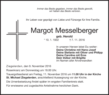 Traueranzeige von Margot Messelberger von Neue Presse Coburg