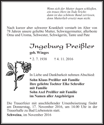 Traueranzeige von Ingeburg Preißler von Südthüringer Presse