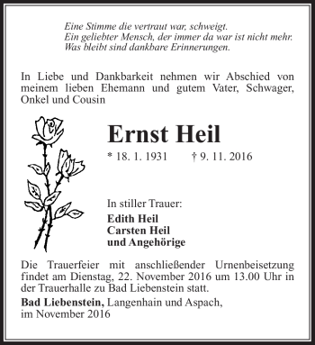 Traueranzeige von Ernst Heil von Südthüringer Presse