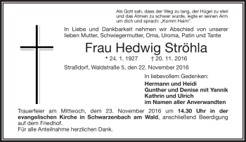 Traueranzeige von Hedwig Ströhla von Frankenpost