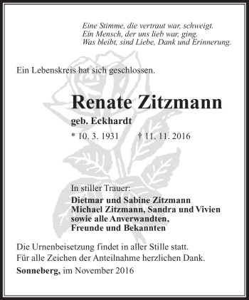 Traueranzeige von Renate Zitzmann von Südthüringer Presse