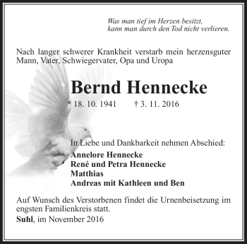 Traueranzeige von Bernd Hennecke von Südthüringer Presse