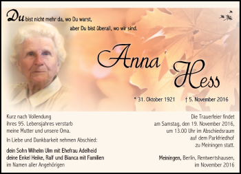 Traueranzeige von Anna Hess von Südthüringer Presse