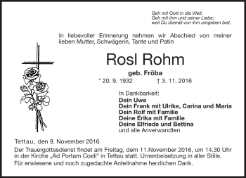 Traueranzeige von Rosl Rohm von Neue Presse Coburg