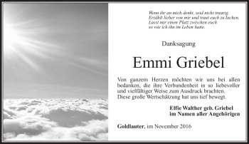 Traueranzeige von Emmi Griebel von Südthüringer Presse