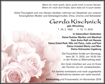 Traueranzeige von Gerda Kischnick von Südthüringer Presse