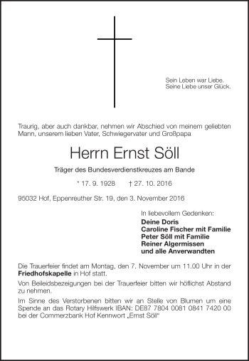 Traueranzeige von Ernst Söll von Frankenpost