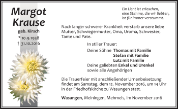 Traueranzeige von Margot Krause von Südthüringer Presse