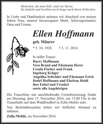 Traueranzeige von Ellen Hoffmann von Südthüringer Presse