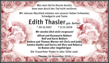 Traueranzeige von Edith Thasler von Südthüringer Presse