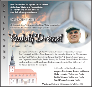 Traueranzeige von Rudolf Dressel von Südthüringer Presse