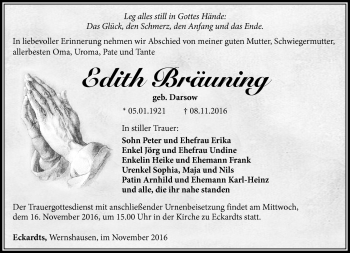 Traueranzeige von Bräuning Edith von Südthüringer Presse