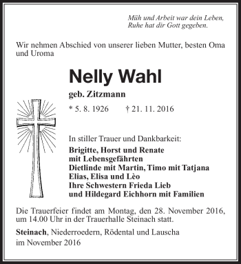 Traueranzeige von nelly Wahl von Südthüringer Presse