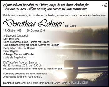 Traueranzeige von Dorothea Lehner von Südthüringer Presse
