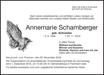 Traueranzeige von Annemarie Schamberger von Neue Presse Coburg