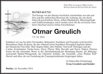 Traueranzeige von Otmar Greulich von Südthüringer Presse
