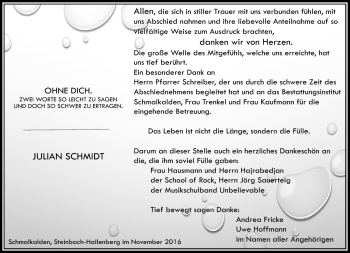 Traueranzeige von Julian Schmidt von Südthüringer Presse