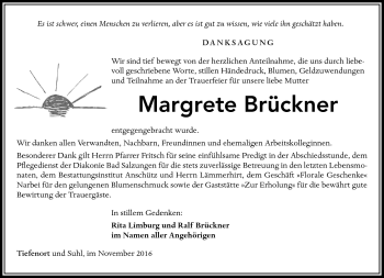 Traueranzeige von Margrete Brückner von Südthüringer Presse