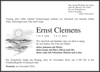 Traueranzeige von Ernst Clemens von Südthüringer Presse