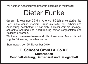 Traueranzeige von Dieter Funke von Frankenpost