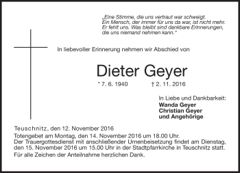 Traueranzeige von Dieter Geyer von Neue Presse Coburg