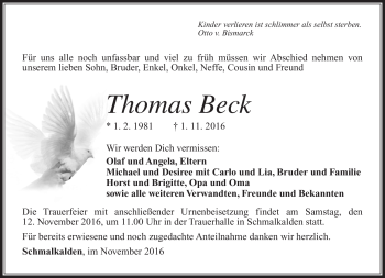 Traueranzeige von Thomas Beck von Südthüringer Presse