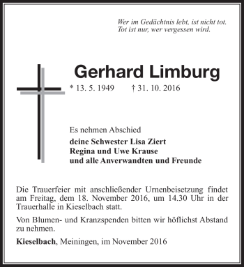 Traueranzeige von Gerhard Limburg von Südthüringer Presse