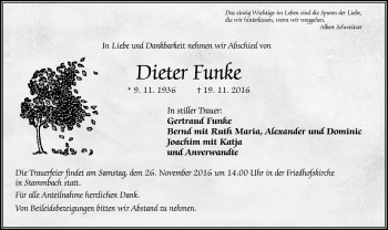 Traueranzeige von Dieter Funke von Frankenpost