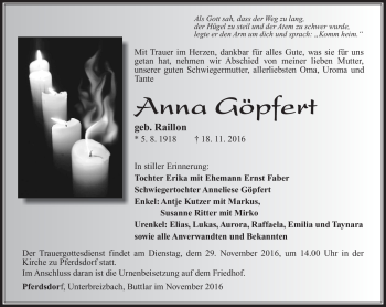 Traueranzeige von Anna Göpfert von Südthüringer Presse