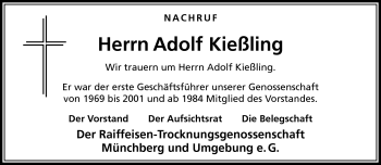 Traueranzeige von Adolf Kießling von Frankenpost