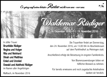 Traueranzeige von Waldemar Rüdiger von Südthüringer Presse