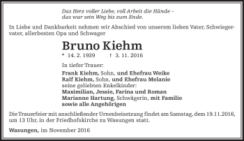 Traueranzeige von Bruno Kiehm von Südthüringer Presse
