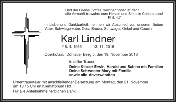 Traueranzeige von Karl Lindner von Frankenpost