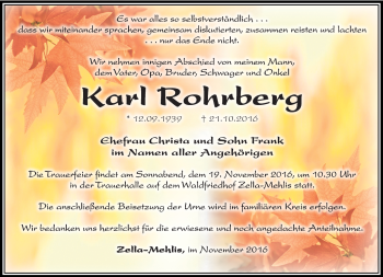 Traueranzeige von Karl Rohrberg von Südthüringer Presse