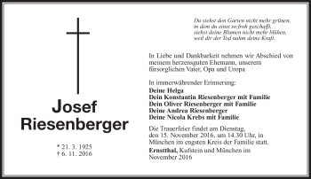 Traueranzeige von Josef Riesenberger von Südthüringer Presse